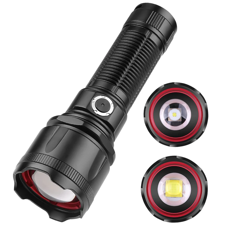 

The new 30W fluorescent cool zoom telephoto metal switch outdoor strong light XHP160 flashlight to send 26650, 10000 mAh battery