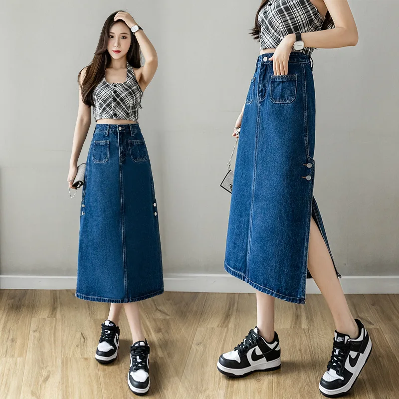 

Side Slit Female 2023 Summer New High-Waisted Skinny Mid-Length Denim Skirt