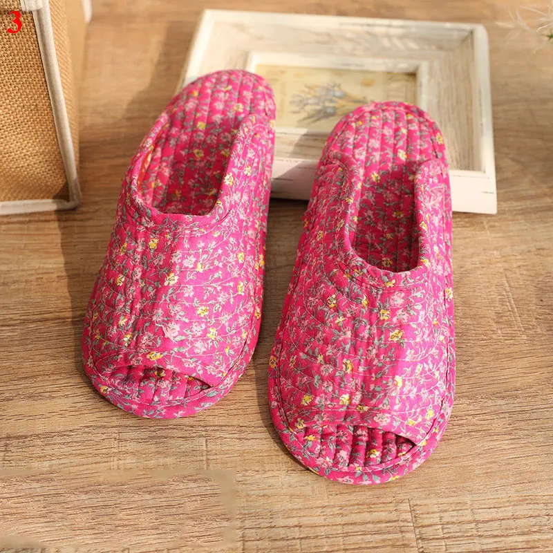 Vintage Floral Home Slippers Spring Autumn Soft Cotton Toe Sole Slippers Women Flat Shoes Indoor Bedroom Slippers Ladies Cotton