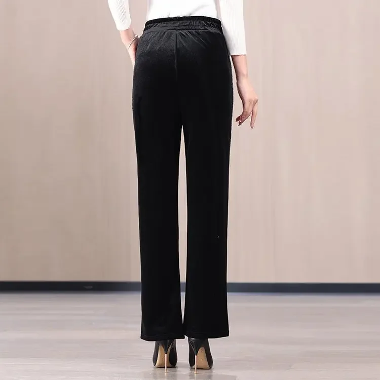 Middle-aged Elderly Women's Casual Silk Chiffon Pants Thickened Fleece-lined Loose-fit Trousers For Autumn/winter