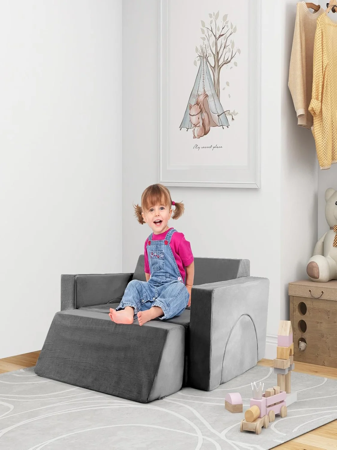 Kindersofa, modulares Sofa mit abnehmbarem Bezug, für Spielzimmer und Kinderzimmer zum Spielen, Gestalten und Schlafen (Grau) – Detail 1