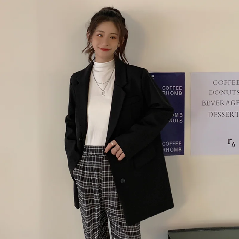 Women Fall Fashion Single-breasted Loose Fitting Blazer Coat Vintage Long Sleeve Pockets Female Outerwear Chic Veste Femme
