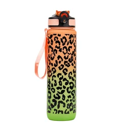 Leopard Print High - Quality Portable Water Bottle with Straw, 1L Capacity - 1L (Orange Green)