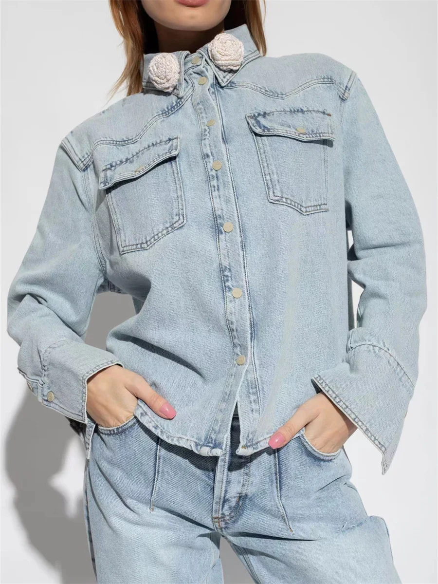 

traf 2024 spring new women's Korean fashion flower denim shirt Ms. tops Suitable for youth Women's clothing sales y2k clothing