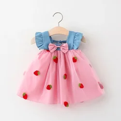 Strawberry Embroidered Denim & Mesh Tank Dress - 11(2-3Y) (Pink)
