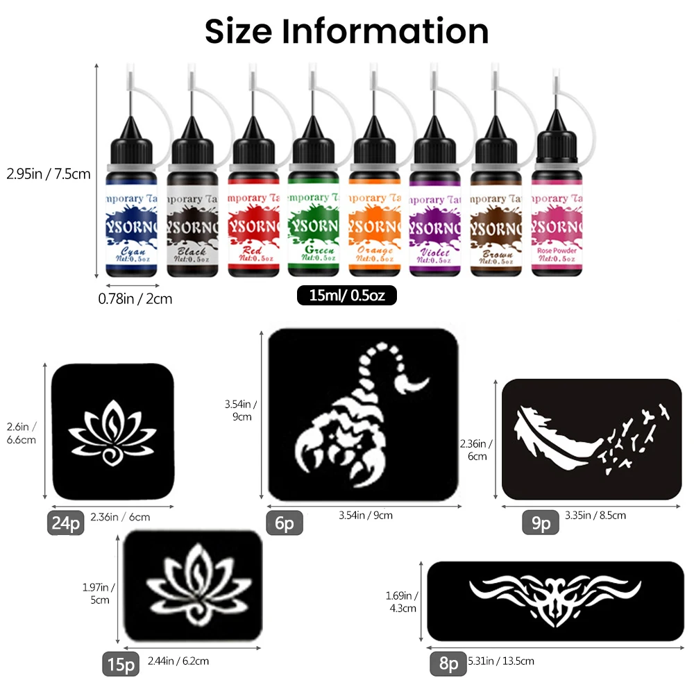 8 Bottles Temporary Tattoo Kit 8 Color Temporary Tattoo Ink with 62 Tattoo Stencils for Halloween Body Paint Art DIY Fake Tattoo - 3