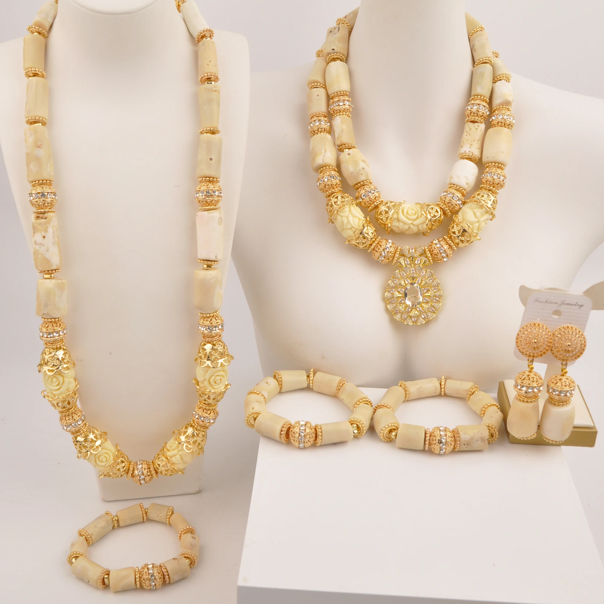 

Nigerian Wedding African Beads Banquet Accessories Real White Coral Jewelry Set for Couple