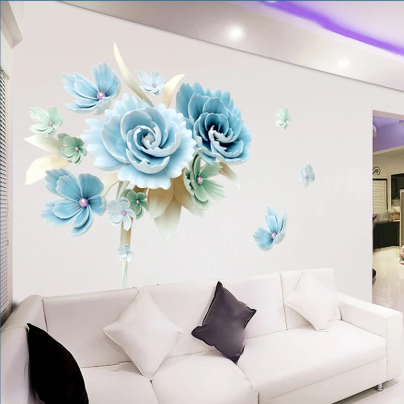 

Large White Blue Flower Wall Stickers Removable PVC Floral Wall Decals Self Adhesive Nordic Mural For Living Bedroom Home Decor