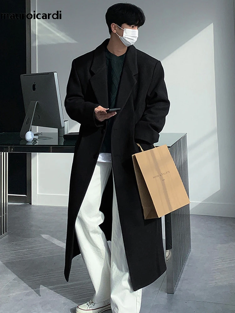 Mauroicardi Autumn Winter Long Thick Warm Soft Fitted Woolen Coat Men Single Breasted Cool Luxury Chic Wool Blends Overcoat 2024 5