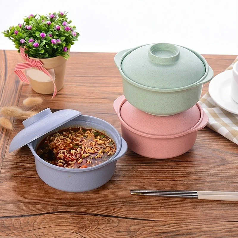 Portable Food Container Lunch Tray Dishes Soup Bowl with Lid Pure Natural Wheat Straw Creative Salad Noodles