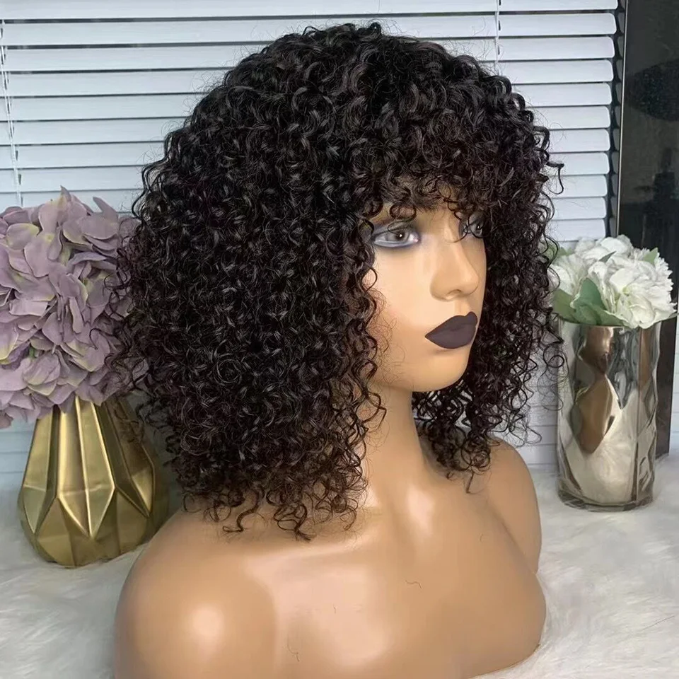 

Jerry Curly Bob Wig For Women Short Pixie Cut Human Hair Wigs With Bangs Brazilian Remy Hair Full Machine Made Wigs