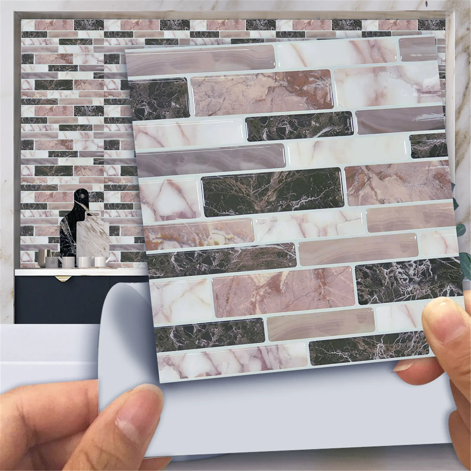 10pcs Flat Marble Mosaic Embossing Tiles Sticker Kitchen Bathroom Wall Decals Peel & Stick Waterproof Tile Art Wallpaper