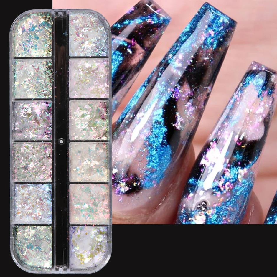 12 Grids Holographic Opal Fire Flakes Nail Art Glitter Powder Set