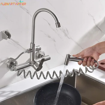 Rubinetto freddo e caldo a parete con doppio foro in acciaio inossidabile Alenartwater con rubinetto da cucina girevole per balcone con spruzzatore 1