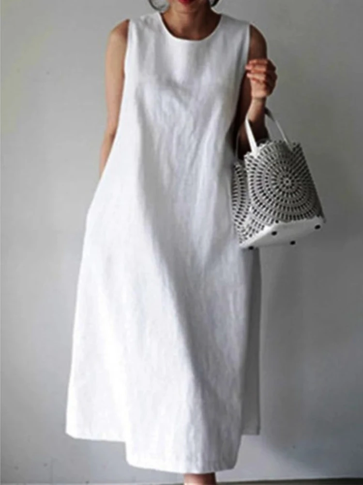 

New Fashion Women's Dress 2023 Solid Cotton Linen Sleeveless Oversized Loose Round Neck Mid Length Chic Casual Dress for Women