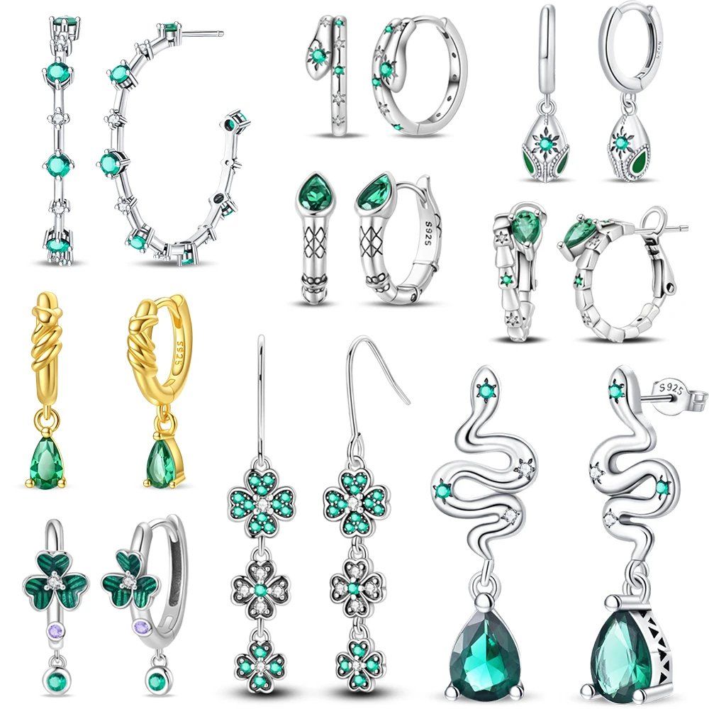 New 925 Sterling Silver Green Zircon Snake & Lucky Clover Big Hoop Earrings For Women Birthday Earrings Gift