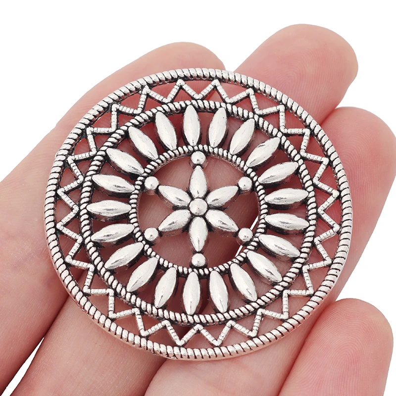 

3 x Tibetan Silver Large Hollow Open Flower Round Charms Pendants for DIY Necklace Jewelry Making Findings Accessories 47x47mm