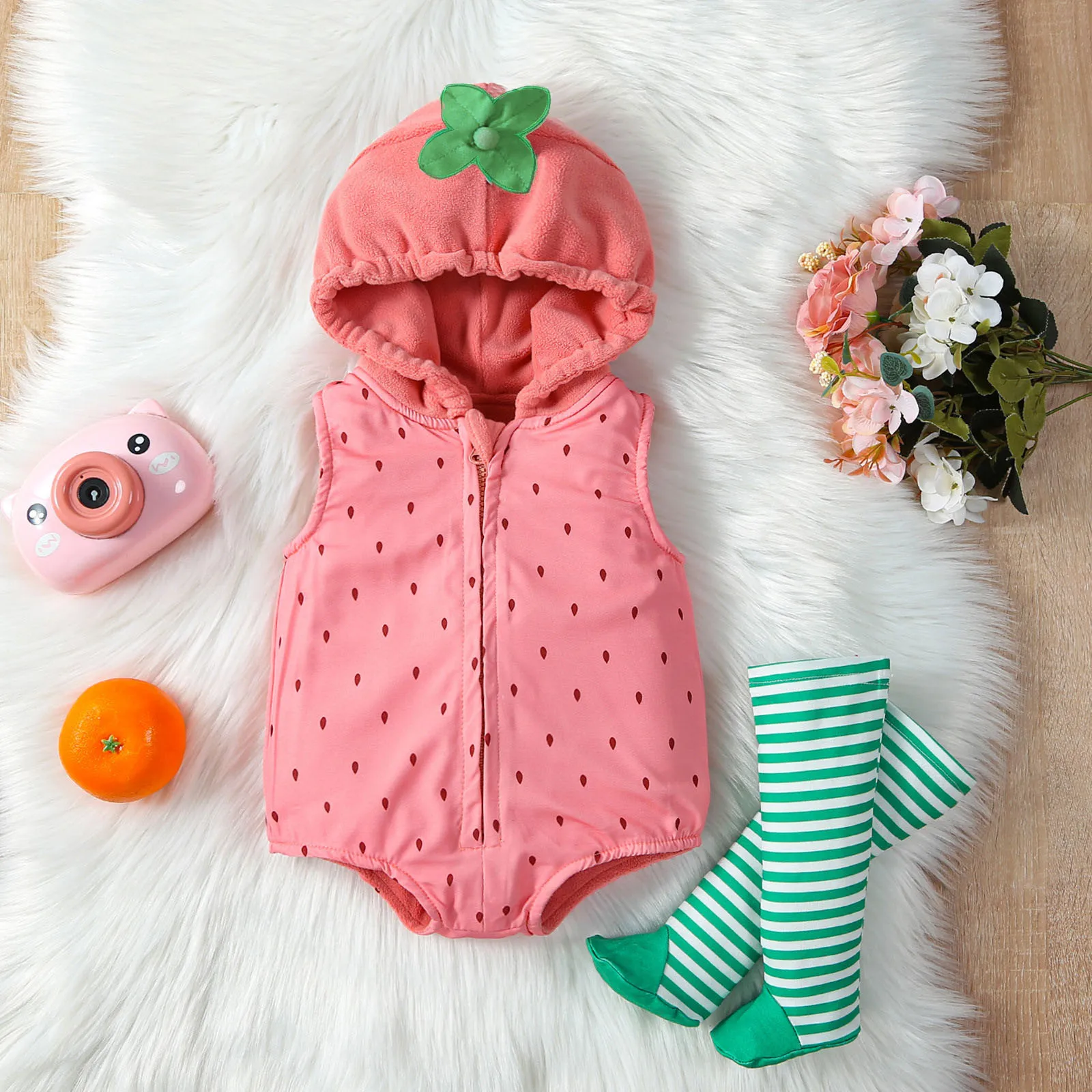 Baby Girls Romper Sleeveless Hooded Strawberry Seed Print Infant Bodysuit with Striped Socks Cute Furit Costumes Outfits