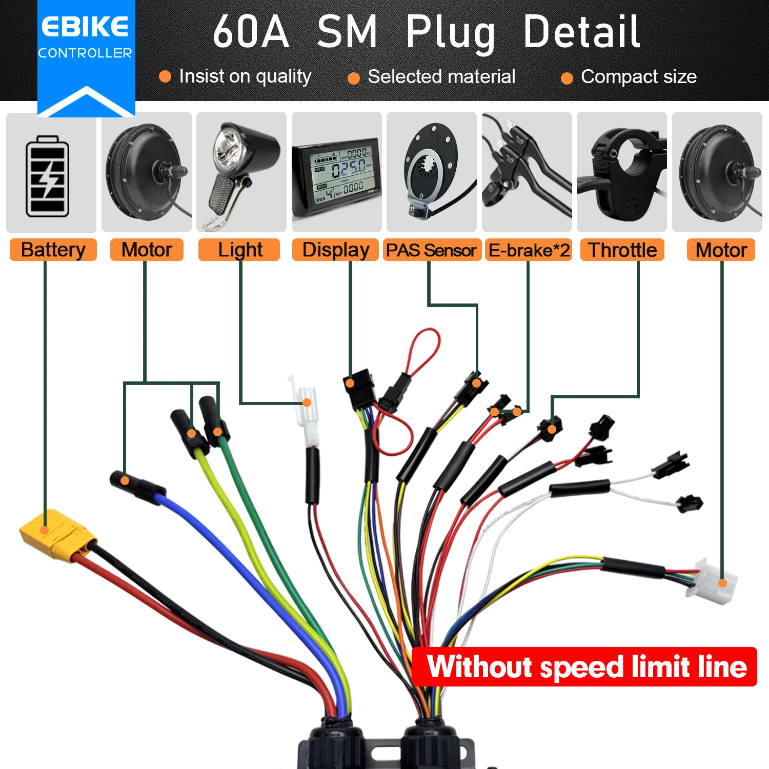 전기 자전거 사인파 3모드 컨트롤러 35A/40A/45A/60A/80A 브러시리스 36V48V52V72V 1500W-5000W 모터 컨트롤러 전기자전거 부품