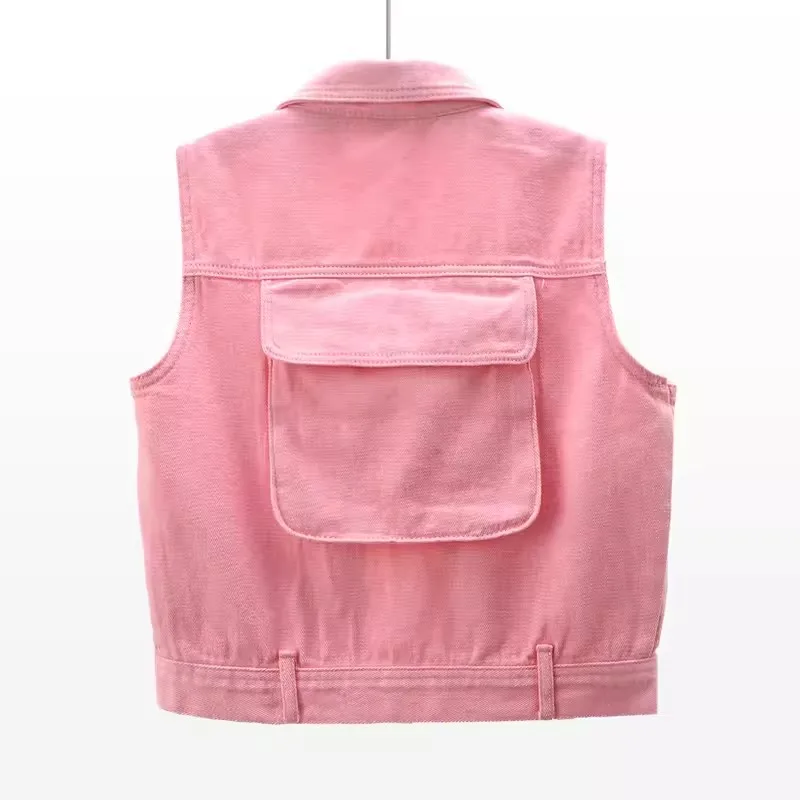 

Spring Summer Fashion Denim Vest Women Casual Big Pocket Cowboy Sleeveless Jacket Pink Slim Short Jeans Waistcoat Female W227