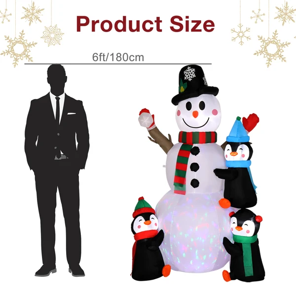 6ft 带3只企鹅 4颗灯串 1个七彩旋转灯 充气款 庭院雪人装饰-32