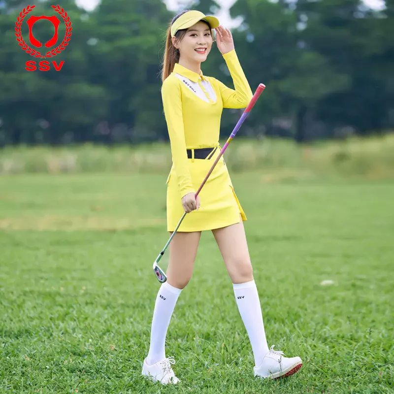 Ladies sports clothing suit yellow long sleeve lapel polo shirt for women quick dry short skirt female golf wear