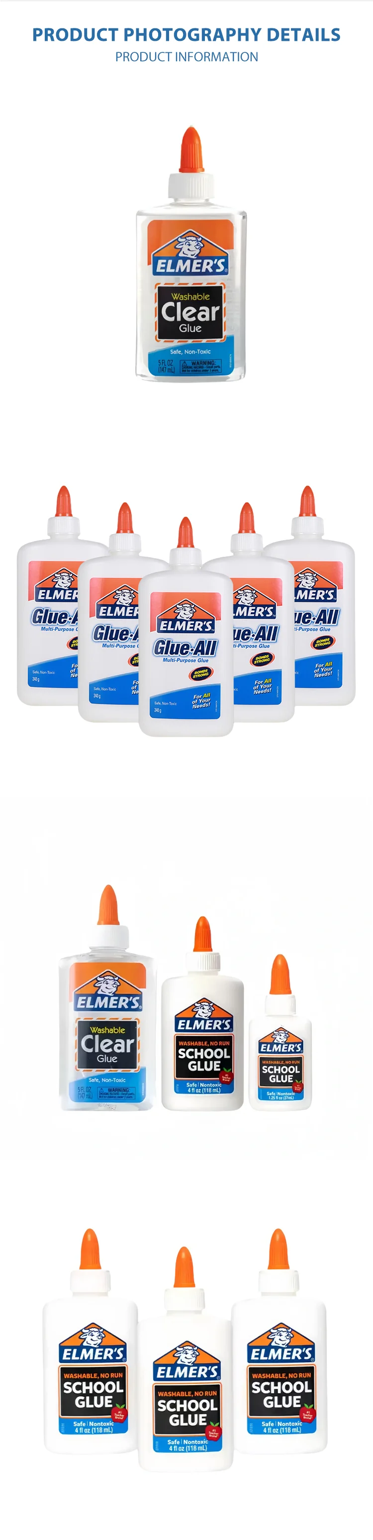 Multiple washable glue bottle sizes for various craft and hobby applications