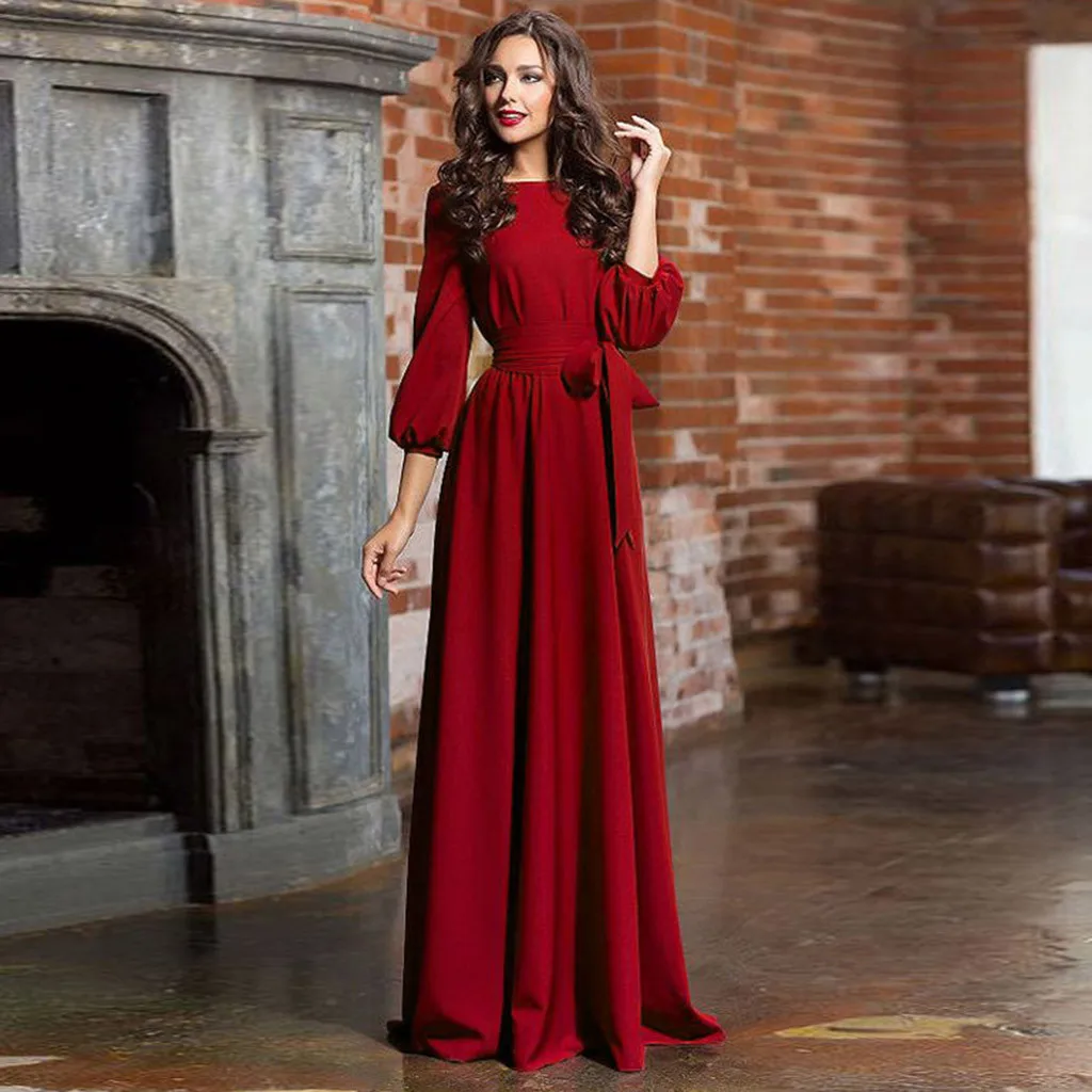 Dresses For Women 2024 Long Sleeve Crew Neck Solid Color Lantern Sleeve Long Dresses With Belt Formal Elegant Party Dresses 2021 summer women dresses solid color v neck lantern long sleeve chiffon dress sexy ladies a line knee lengh dresses