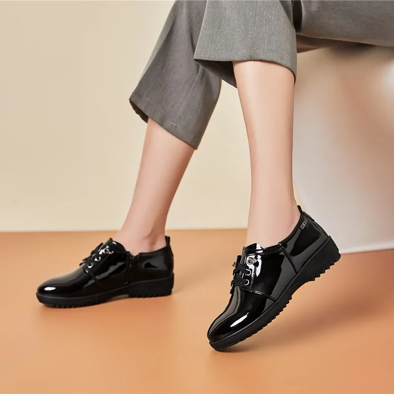 DIMANYU Women's Loafers Lace-up 2024 Spring Patent Leather Lace-up Women's Wedge Heels Non-slip Plus Size Mom Shoes