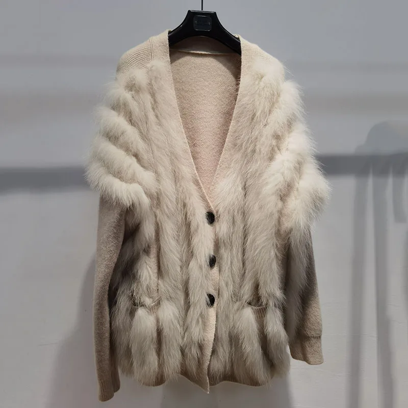 

2023 Women Spring Knitted Cardigan Coat With Real Fox Fur Stripe Fashion Plus Size Female Genuine Fox Fur Stripe Coats Sweater