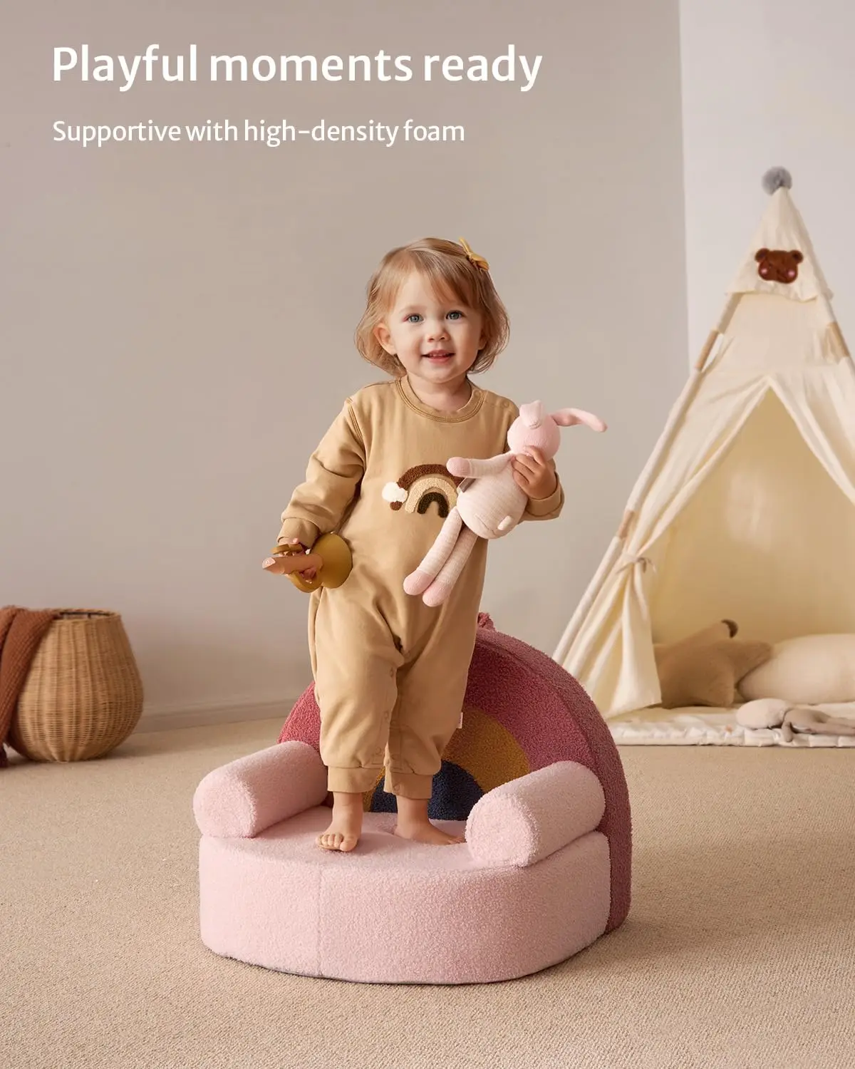 Toddler Chair Comfy, Foam Kids Chair with Soft Teddy Plush, Toddler Reading Armchair with Cute Rainbow Designs- Blush Pink 4