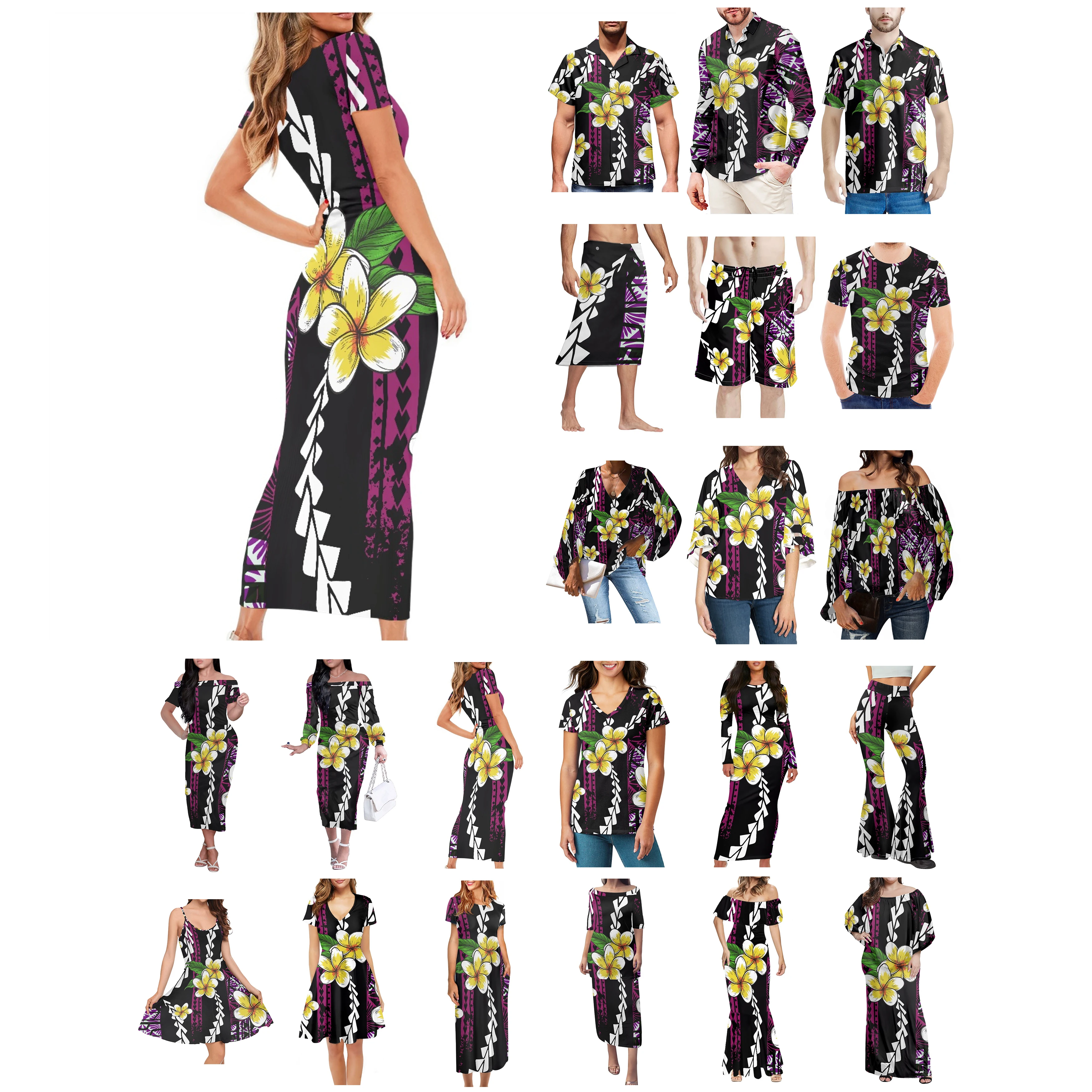 

Polynesian Tonga Hawaii Fiji Guam Samoa Pohnpei Tribal Tattoo Prints Clothe Women Dress Matching Men Shirt Plumeria Lover Clothe