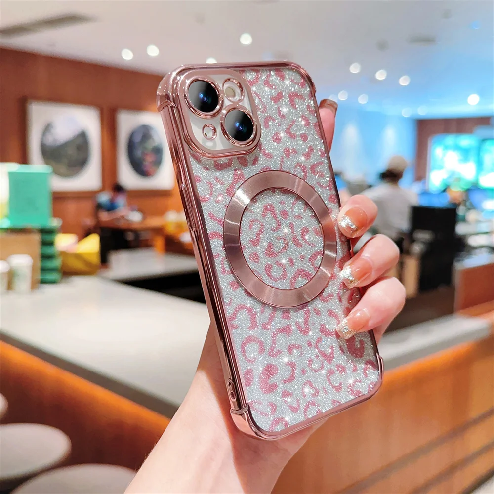 Plating Magnetic Clear Phone Case For iPhone 15 14 13 12 11 Pro Max Plus Glitter Leopard Pattern Soft Silicone Cover_voghion.com