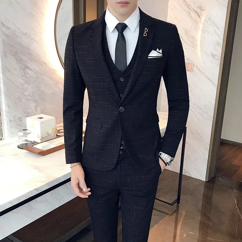 Blue Men Classic Striped/Checked Suit, Business Office 3 Piece Sets, Asian Size Slim Fit Men's Dress Suits, Black/Gray Available