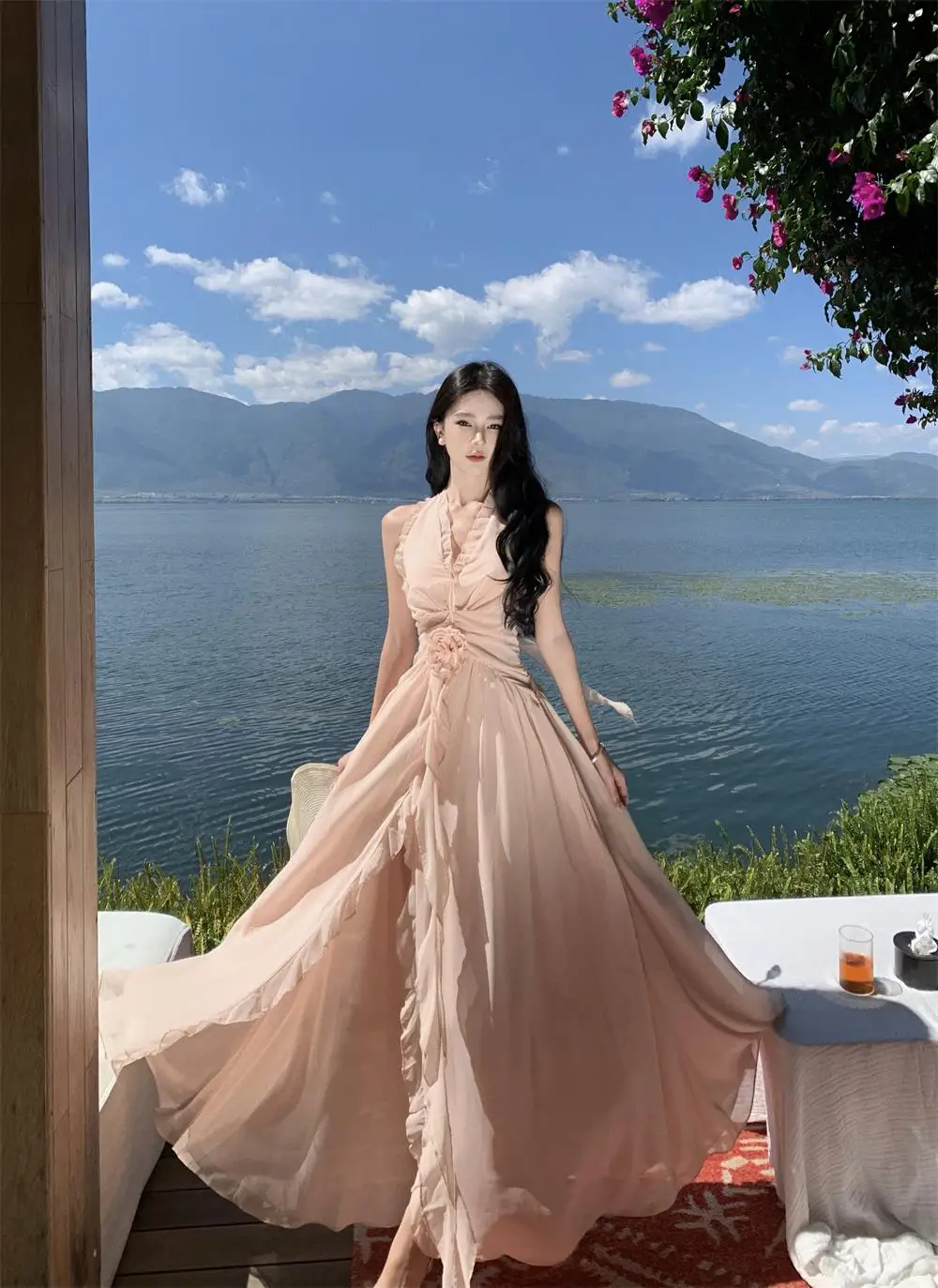 Summer New Ruffles A-line Long Dresses for Women Halter Backless Holiday Seaside Party Dress Korean Fashion One Piece Vestido