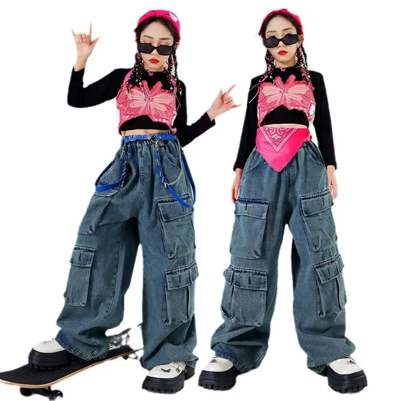 

Jazz Modern Dance Costumes For Girls Loose Vest Jeans Outfits Streetwear Hip Hop Dance Performance Clothes