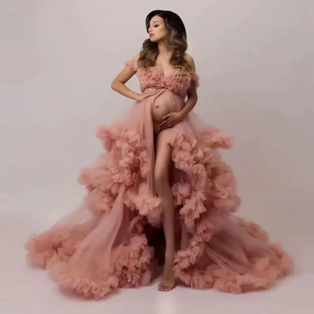 섹시한 V넥 출산 여성 무도회 드레스, 우아한 임신 프릴 볼 가운, 이브닝 파티 드레스, 프리 마마 사진 촬영 가운, 핑크