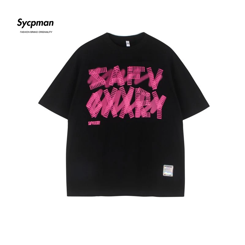 

Sycpman Fashion Design Letter Print O Neck Short Sleeve T Shirt Men Hiphop Oversize Versatile Tees