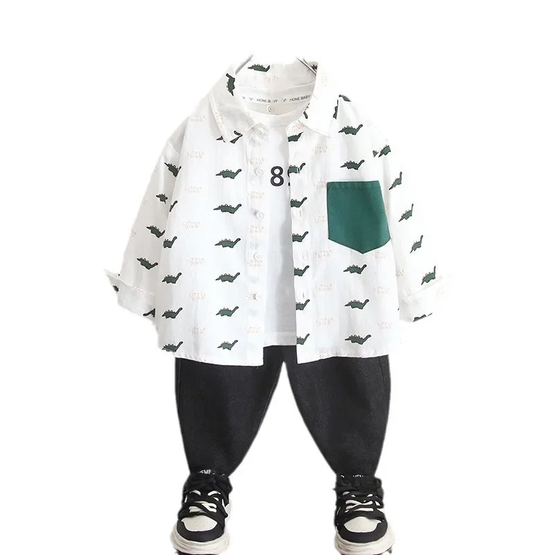 Cool Dinosaur Long Sleeve Shirt for Boys Spring Autumn Children's Clothing Dino Print Fashionable Baby Outfit