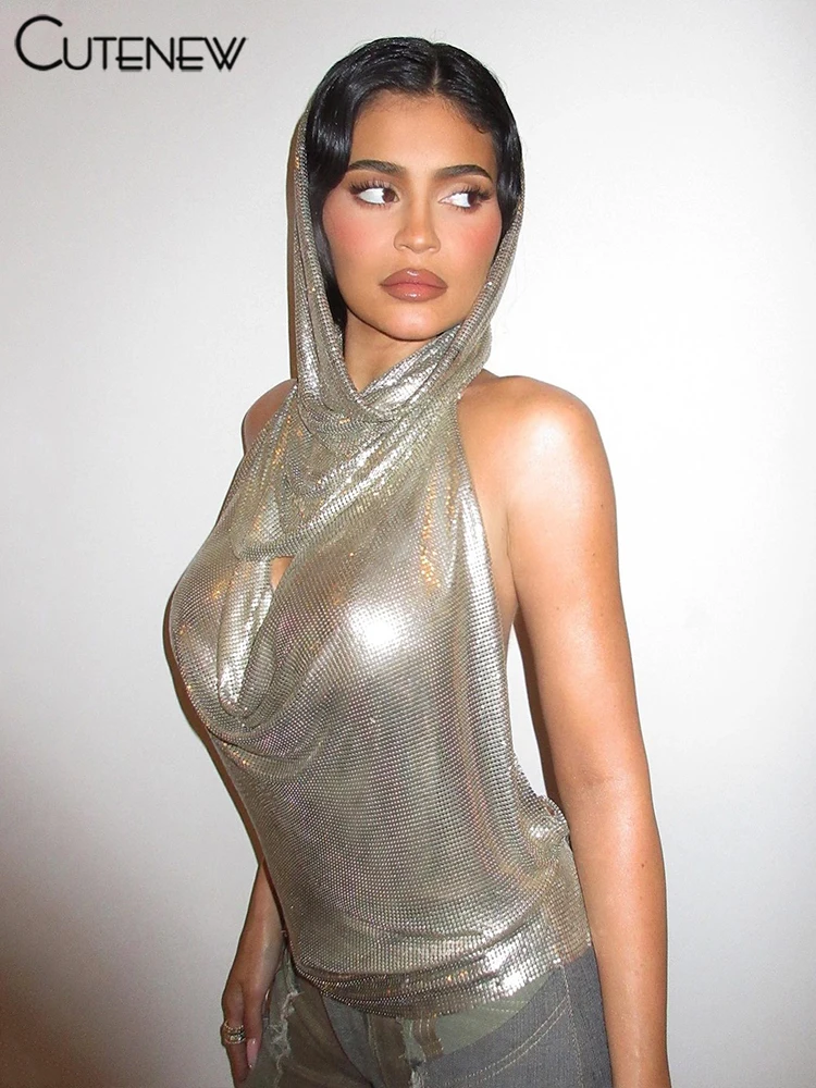 Sexy Chain Backless Tank Top Suit Women Halter Low Swinging Collar Indie Folk Silver-sequins Vest with Scarf High Street