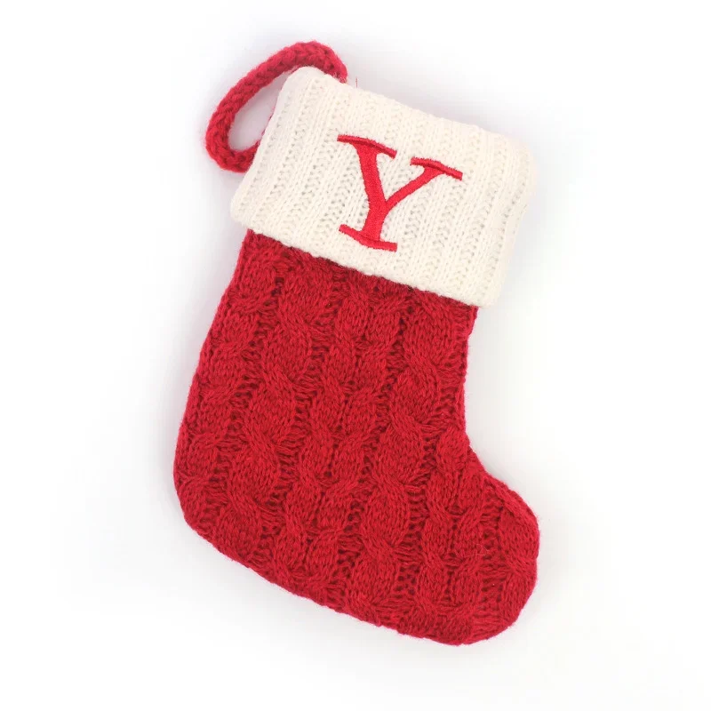 Festive Knitted Christmas Stocking with Snowflake & Alphabet Design - Holiday Tree Pendant Decoration