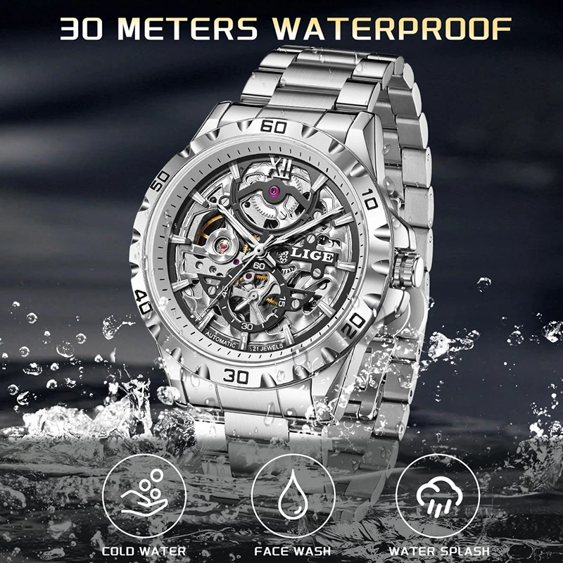 LIGE Fashion Mechanical Watches For Men Stainless Steel Business Date Display Waterproof Automatic Men Watch Relogios Masculino