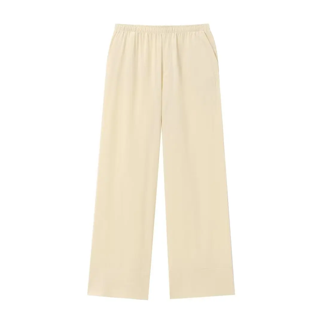 thumbnail image 1 of HH TRAF - Pantalón de pijama para mujer, estilo cintura alta, liso, pierna ancha, con bolsillos, plisado, cintura elástica, ajustado, largo, 1 of 5