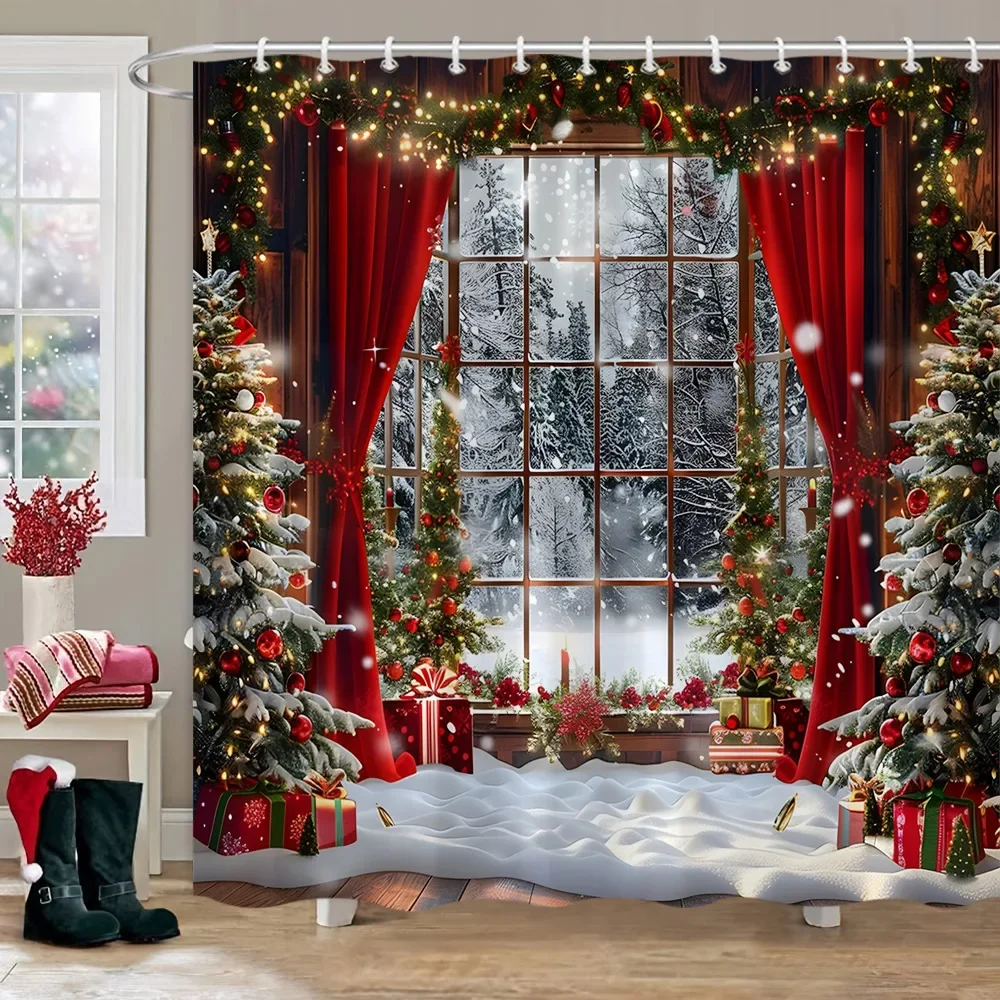Merry Christmas Shower Curtain - Snowman Pine Tree Forest Design, 70x70 Inches With Hooks, Polyester Fabric