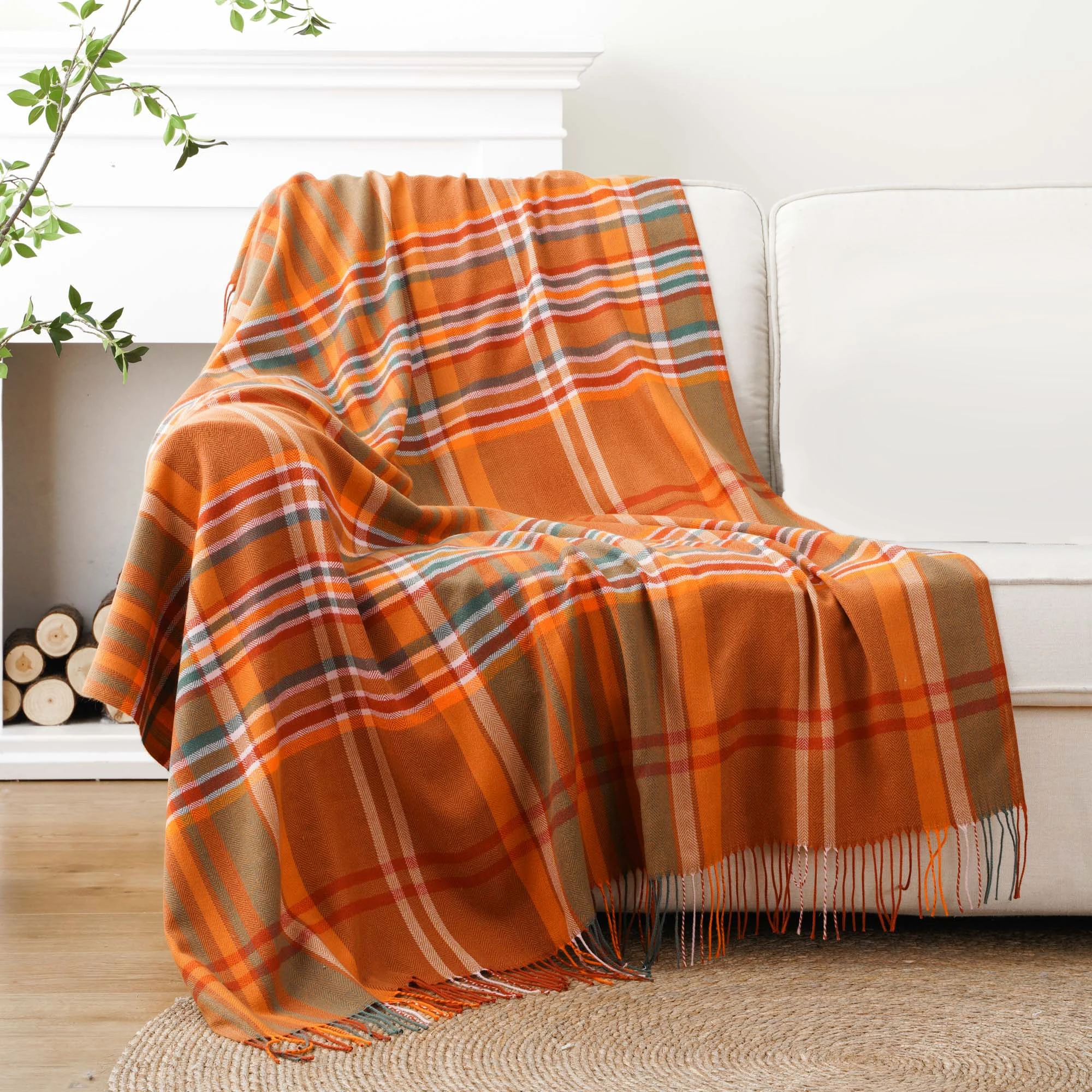 Orange Plaid Throw Blanket - Soft Lightweight Cashmere Blanket with Tassels for Bed and Sofa, Summer Home Decor
