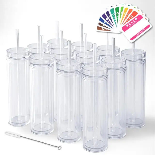 12-Pack Clear Double-Wall Acrylic Tumblers with Lids, Straws, and Cleaner | 16oz Reusable Cups for Cold & Hot Drinks