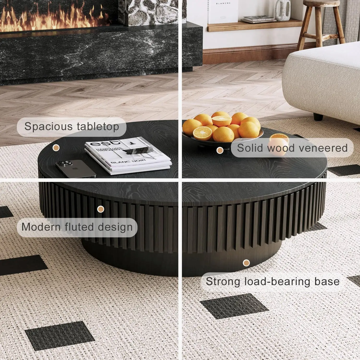 39'' Round Coffee with Storage, Modern Wooden Coffee Table with Solid Wood Veneered, Circle Center Accent Tea