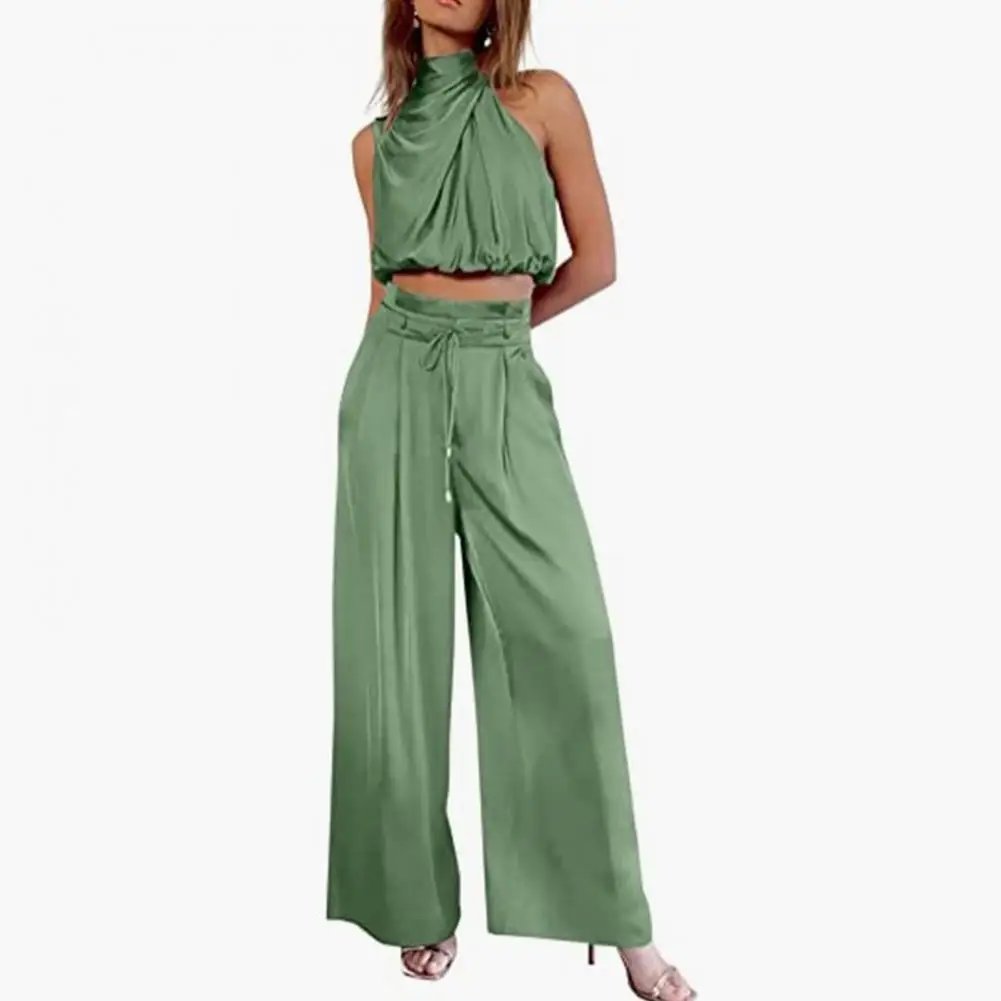 2 Pieces/set Women's Cropped Pants Suit Sleeveless Turtleneck Blouse Solid Color Drawstring High Waist Wide Leg Loose Suit