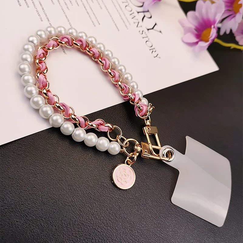 Pearl & Leather Hand-Woven Mobile Wrist Lanyard with Flower Pendant