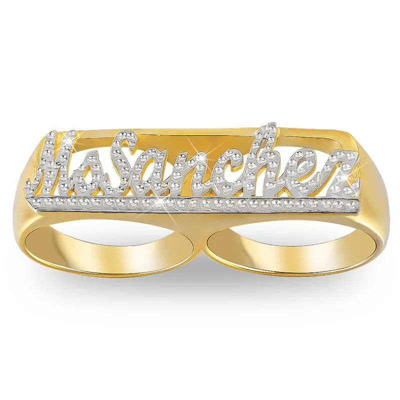 Retro 925 Sterling Silver Name Ring Flat Stamp Custom Letter Heart Zircon Two Finger Rings Personalize Gifts Man Women Jewelry